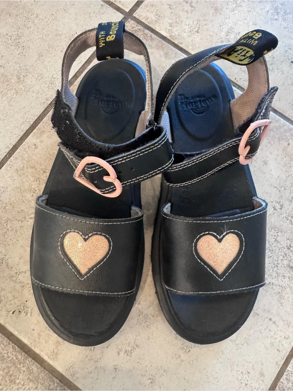Dr. Martens Black Sandals with Pink Heart Buckles Junior Marlowe